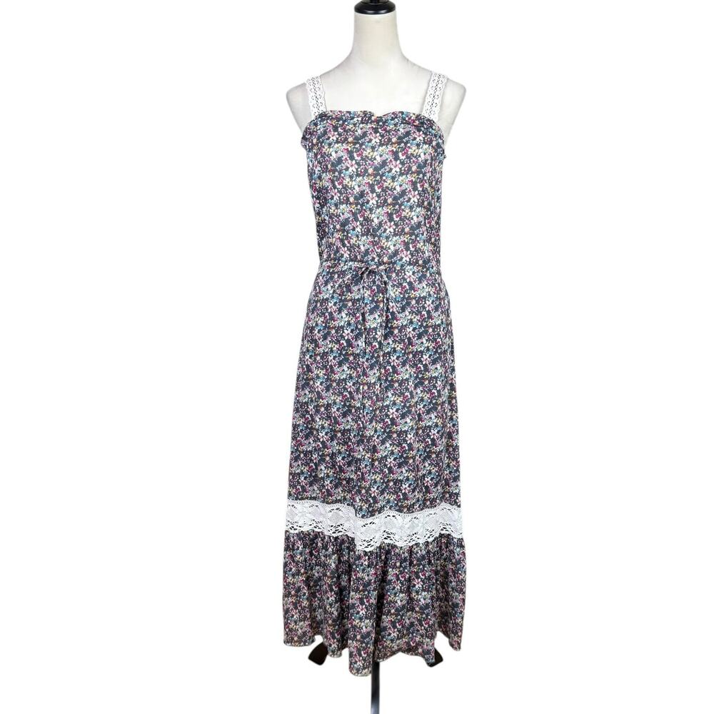 Mixx Sz 1 Bold Colorful Floral Print Sleeveless Lace Tiered Cotton Maxi Dress